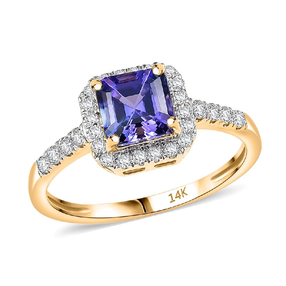 shop lc Asscher Cut Tanzanite Lab Grown Diamond Halo Ring in 14K Yellow Gold 1.35 ctw