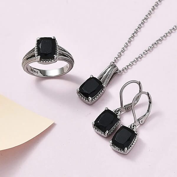 Shop Lc Australian Black Tourmaline Lever Back Earrings Ring Pendant Necklace 20 Inches In Stainless Steel 7.35 Ctw