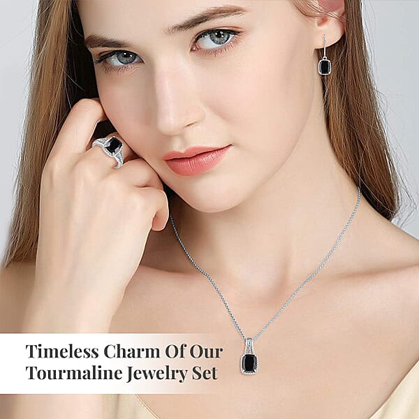 Shop Lc Australian Black Tourmaline Lever Back Earrings Ring Pendant Necklace 20 Inches In Stainless Steel 7.35 Ctw