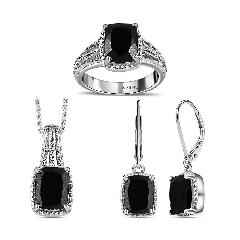 shop lc Australian Black Tourmaline Lever Back Earrings Ring Pendant Necklace 20 Inches in Stainless Steel 7.35 ctw
