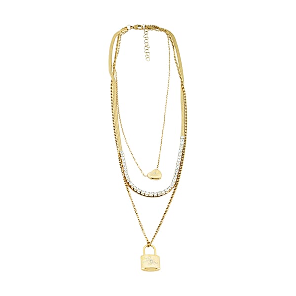Shop Lc Austrian Crystal 3 Layered Lock And Heart Charm Necklace With 2 Inch Extender (16 18 And 22 Inches) In ION Plated YG Stainless Steel