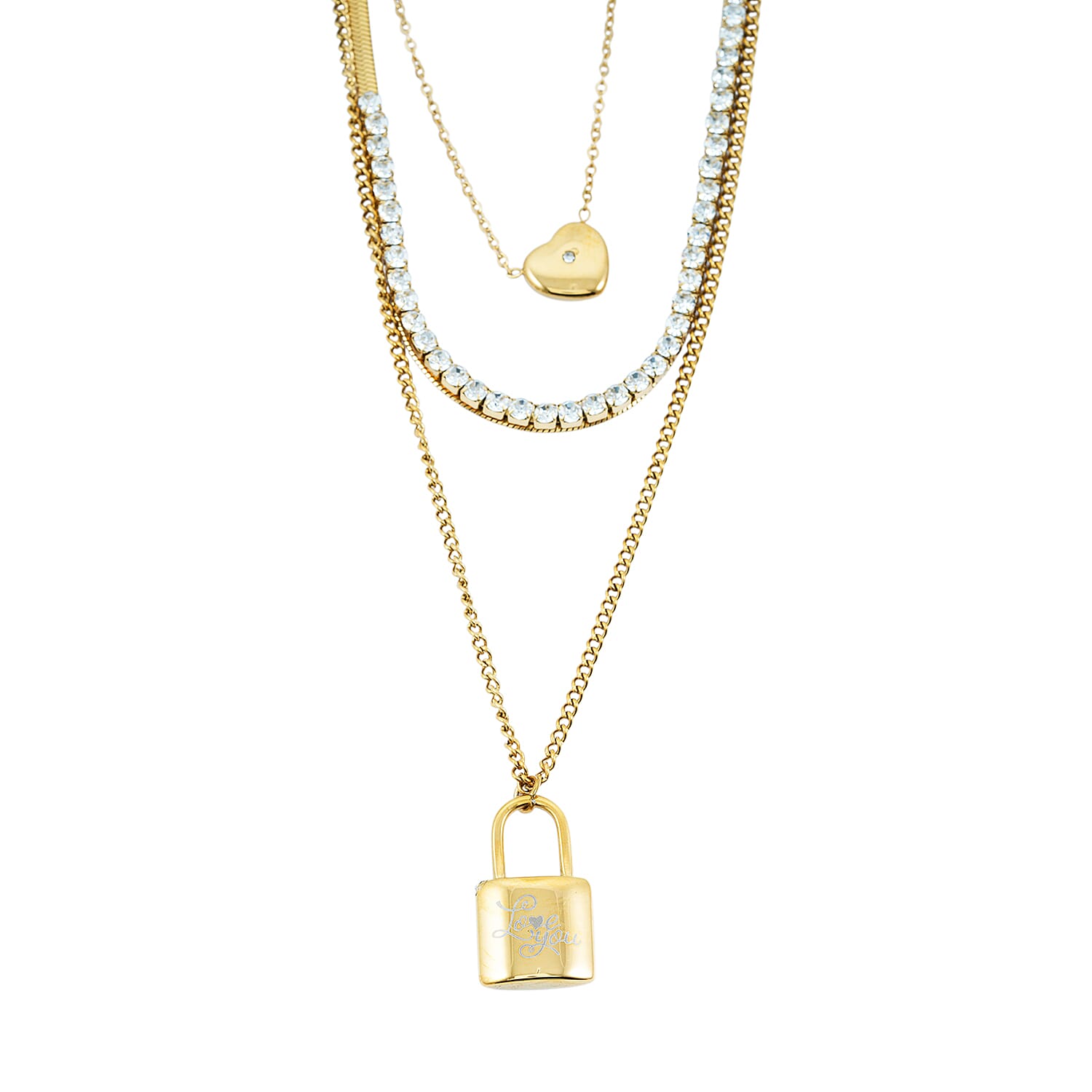 shop lc Austrian Crystal 3 Layered Lock and Heart Charm Necklace with 2 Inch Extender (16 18 and 22 Inches) in ION Plated YG Stainless Steel