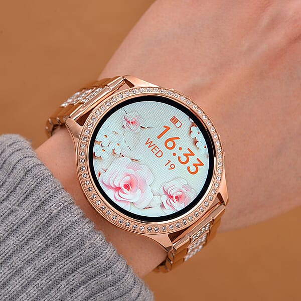 Shop Lc Austrian Crystal Multi Functional Smart Watch In Rosetone With Stainless Steel Butterfly Buckle