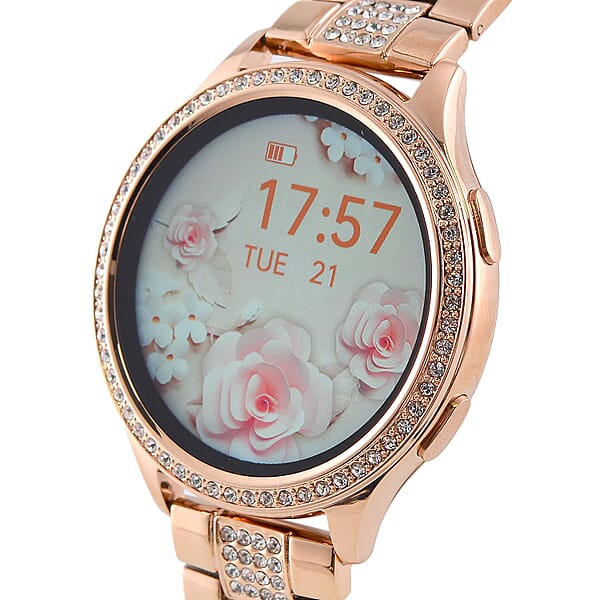 Shop Lc Austrian Crystal Multi Functional Smart Watch In Rosetone With Stainless Steel Butterfly Buckle