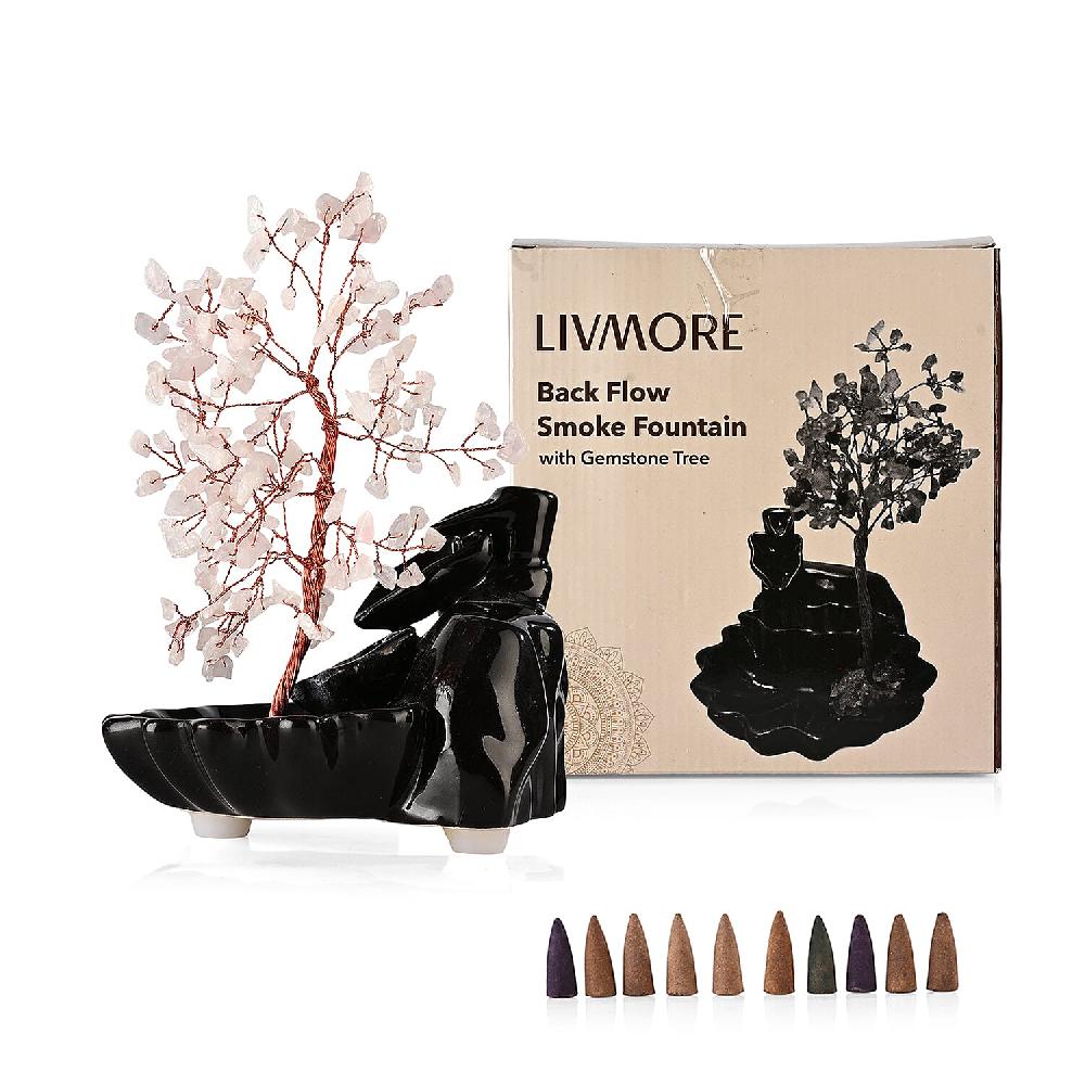 shop lc Backflow Incense Burner with Rose Quartz Tree Back Flow Incense Holder with 30 Incense cones Tree - 150 Beads