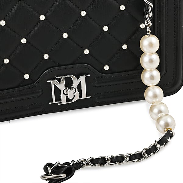 Shop Lc Badgley Mischka Black Quilted Vegan Leather Pearl Crossbody Bag (10x6x3.5)
