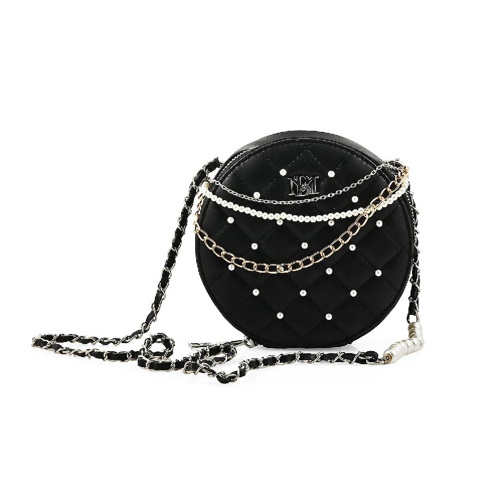 shop lc Badgley Mischka Black Quilted Vegan Leather Round Crossbody Bag