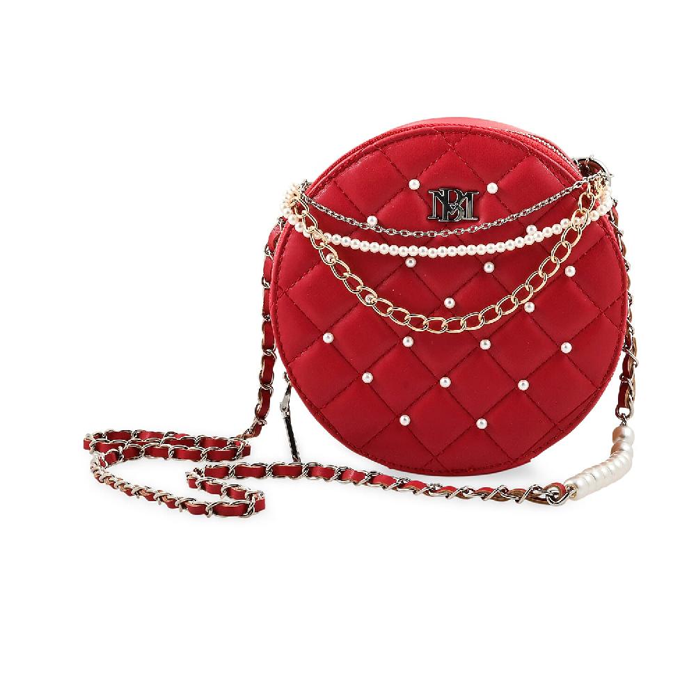 shop lc Badgley Mischka Red Quilted Vegan Leather Round Crossbody Bag