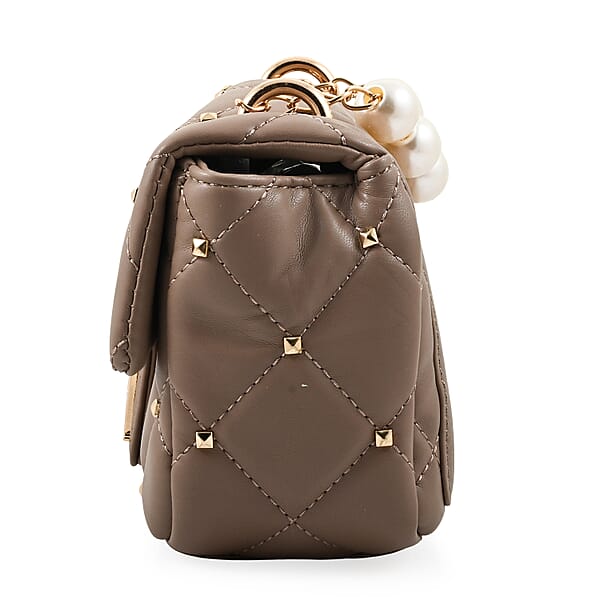 Shop Lc Badgley Mischka Taupe Quilted Vegan Leather Pearl Crossbody Bag (8x5.5x4.8)