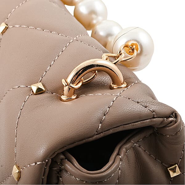 Shop Lc Badgley Mischka Taupe Quilted Vegan Leather Pearl Crossbody Bag (8x5.5x4.8)