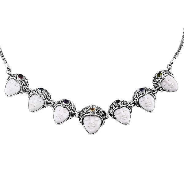 Shop Lc Bali Goddess Carved Bone And Multi Gemstone 3.50 Ctw Seven Princess Necklace In Sterling Silver 20 Inches