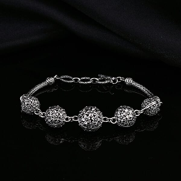 Shop Lc Bali Legacy Round Filigree Frangipani Floral Toggle Clasp Bracelet In Sterling Silver (6.50-8.0In) 18.30 Grams