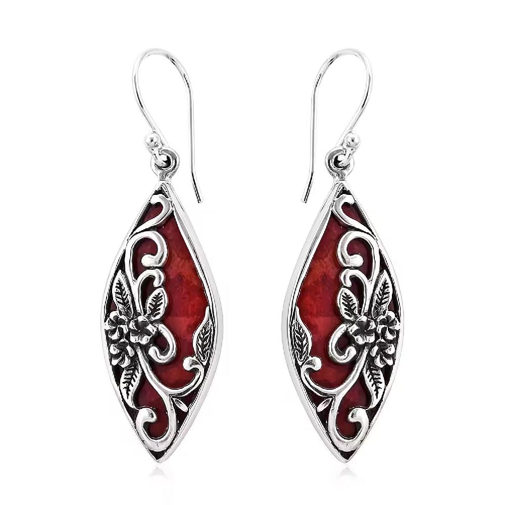shop lc Bali Legacy Sponge Coral Dangle Drop Earrings in Sterling Silver Carved Flower Earrings Silver Jewelry For Women