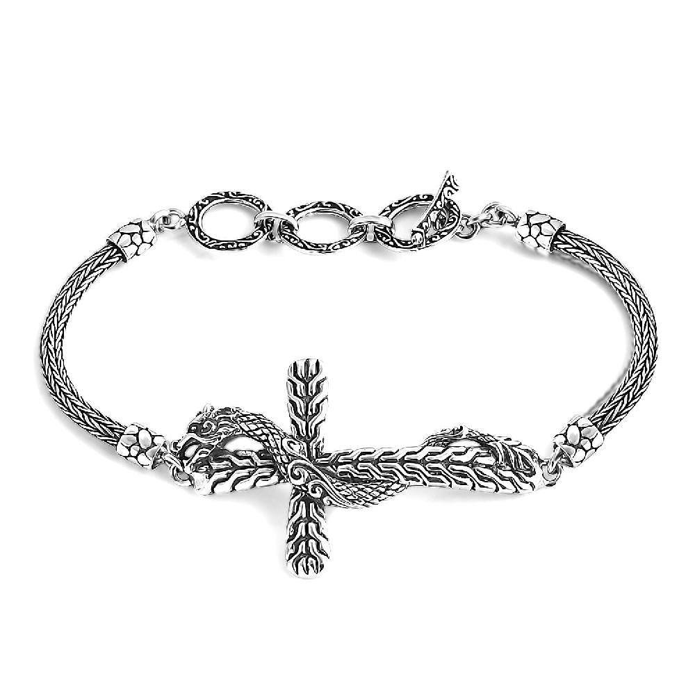 shop lc Bali Legacy Sterling Silver Tulang Naga Chain Dragon Cross Bracelet (6.50-8.0In) 12.40 Grams