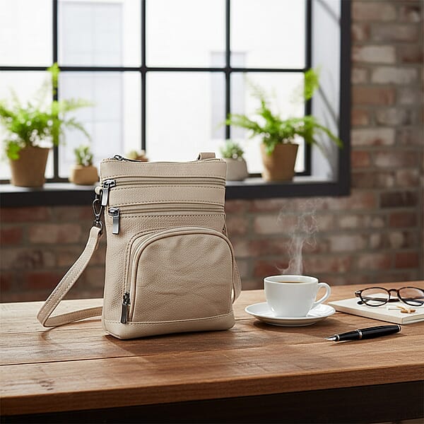 Shop Lc Beige Cow Leather Crossbody Bag With Faux Leather Trim