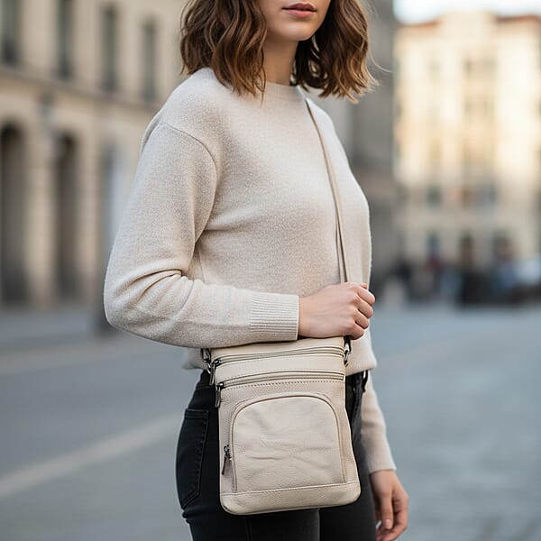 Shop Lc Beige Cow Leather Crossbody Bag With Faux Leather Trim