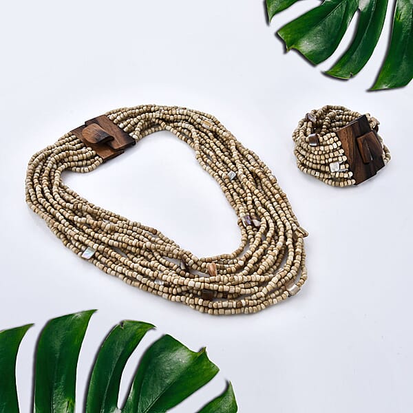 Shop Lc Beige Seed Beaded And Shell Wooden Buckle Bracelet (8in) And Multi Strand Necklace 19 Inches