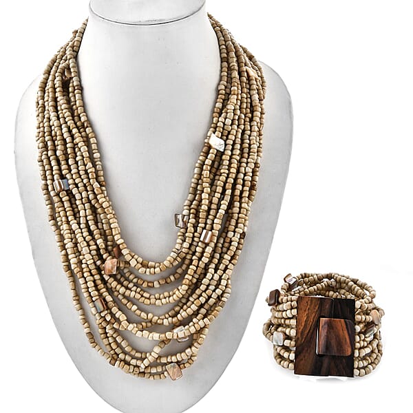 Shop Lc Beige Seed Beaded And Shell Wooden Buckle Bracelet (8in) And Multi Strand Necklace 19 Inches