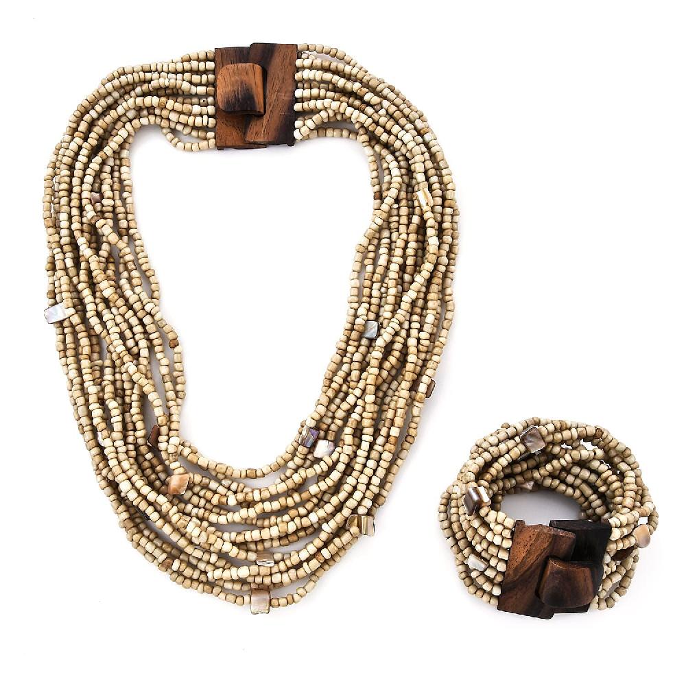 shop lc Beige Seed Beaded and Shell Wooden Buckle Bracelet (8in) and Multi Strand Necklace 19 Inches