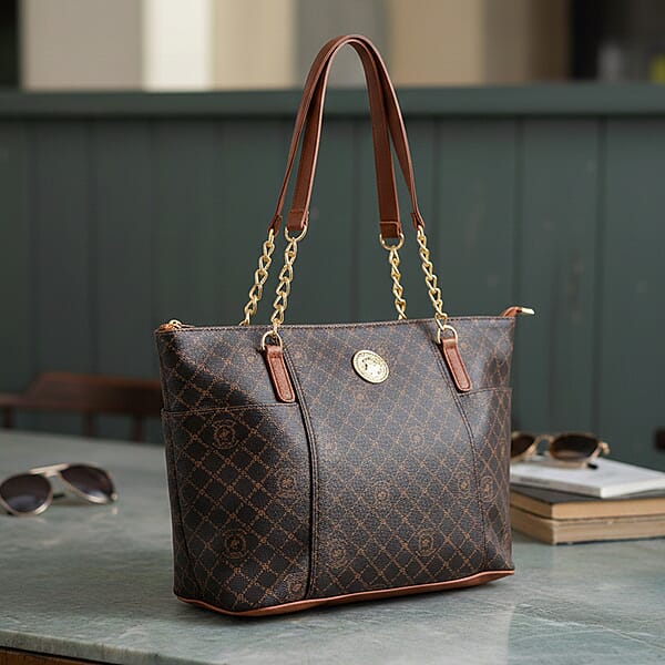 Shop Lc Beverly Hills Polo Club Brown Logo & Link Pattern Vegan Leather Shoulder Bag