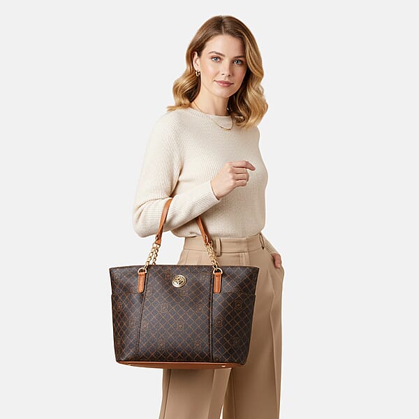 Shop Lc Beverly Hills Polo Club Brown Logo & Link Pattern Vegan Leather Shoulder Bag