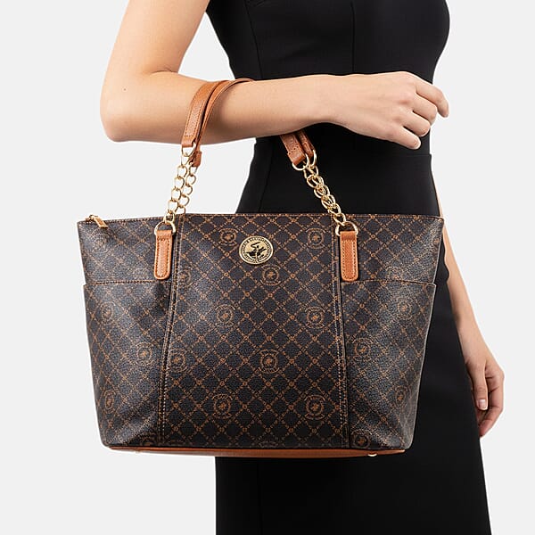 Shop Lc Beverly Hills Polo Club Brown Logo & Link Pattern Vegan Leather Shoulder Bag