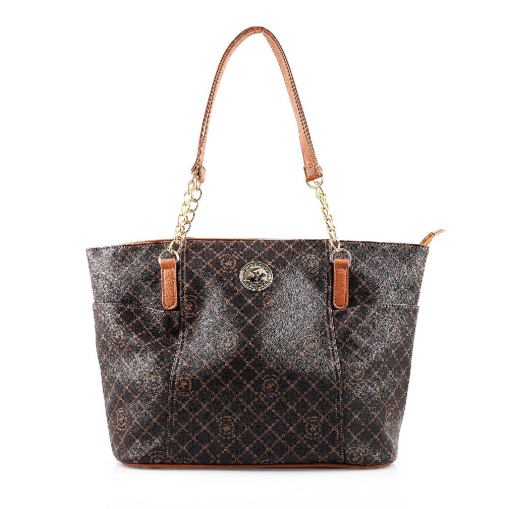 shop lc Beverly Hills Polo Club Brown Logo & Link Pattern Vegan Leather Shoulder Bag