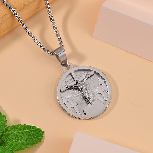 Shop Lc Bible Cross Coin Men's Pendant Necklace 24 Inches In Stainless Steel