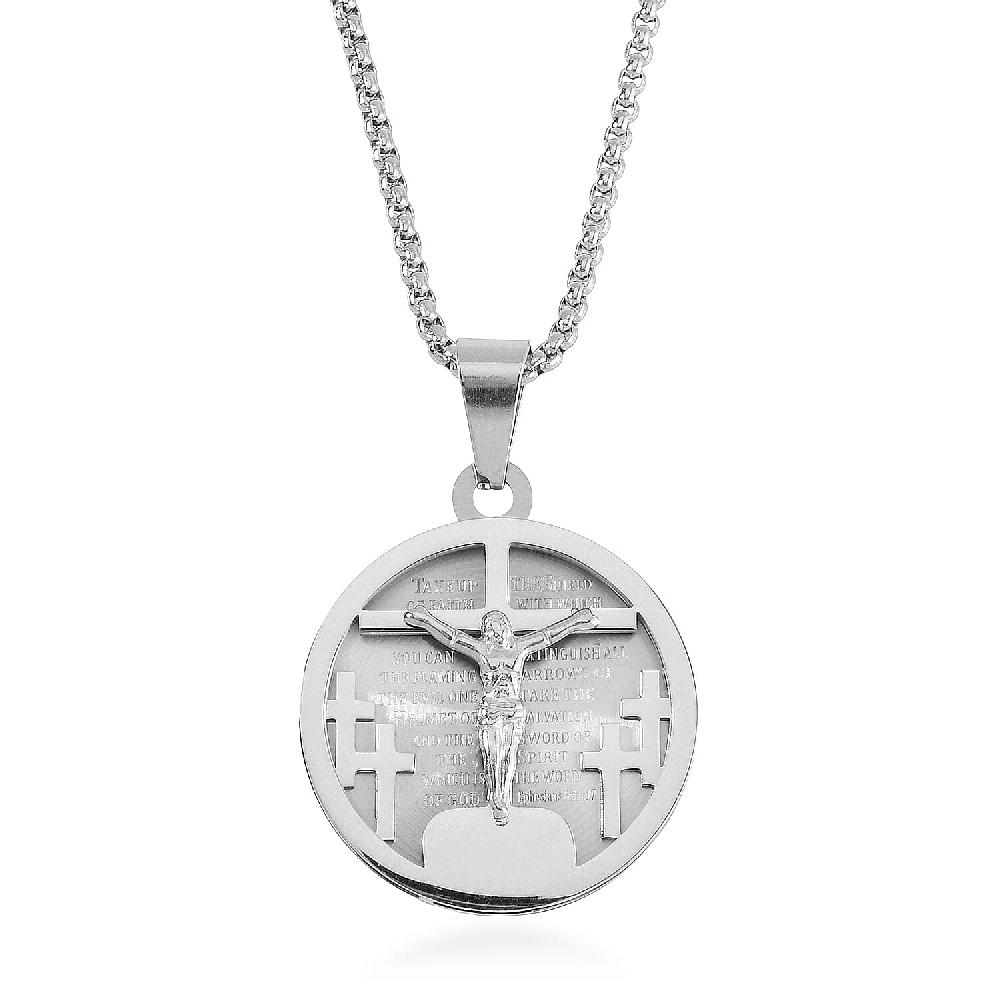shop lc Bible Cross Coin Men's Pendant Necklace 24 Inches in Stainless Steel