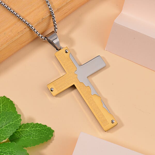 Shop Lc Bible Cross Men's Pendant Necklace 24 Inches In ION Plated YG And Stainless Steel