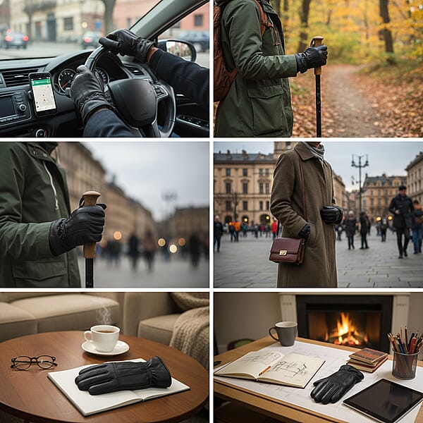 Shop Lc Black 100% Genuine Leather Gloves With Single Zigzag Stitch Shirred Elastic