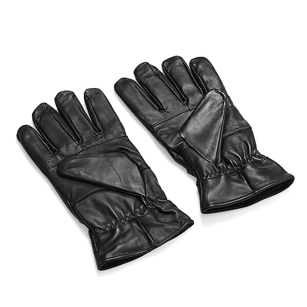 Shop Lc Black 100% Genuine Leather Gloves With Single Zigzag Stitch Shirred Elastic