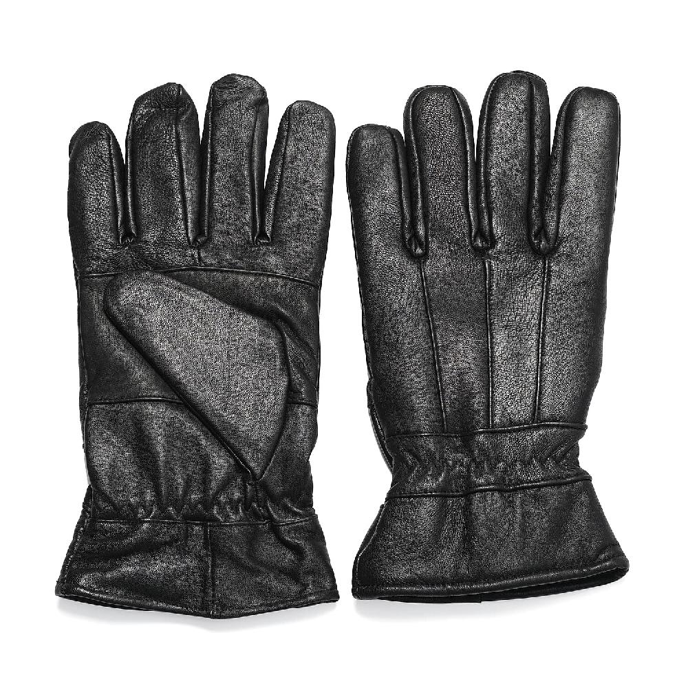 shop lc Black 100% Genuine Leather Gloves with Single Zigzag Stitch Shirred Elastic