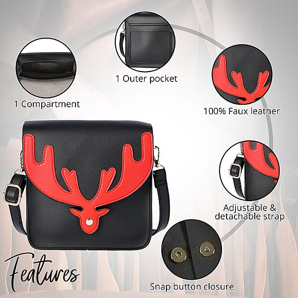 Shop Lc Black And Red Reindeer Antler Crossbody Bag With Detachable Shoulder Strap Faux Leather Crossbody Bag For Women Handbag Perfect Pick For Christmas Party