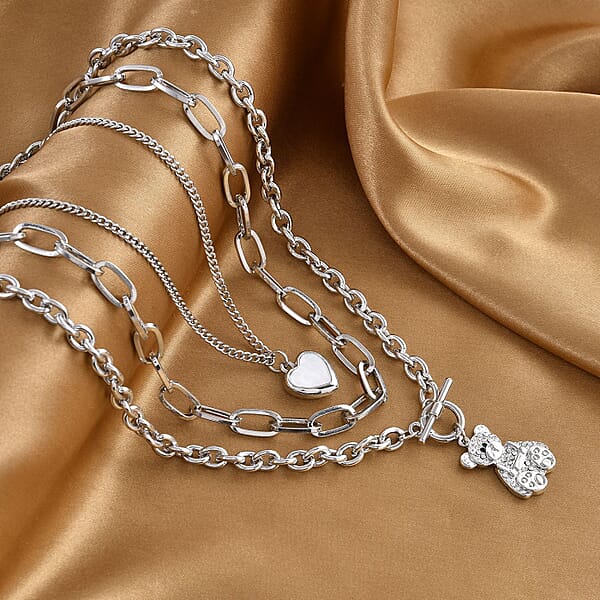 Shop Lc Black And White Austrian Crystal Three Layer Necklace With Heart And Teddy Bear Charm 20.5-22.5 Inches In Silvertone
