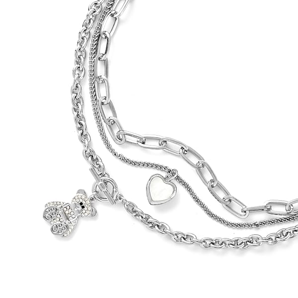 Shop Lc Black And White Austrian Crystal Three Layer Necklace With Heart And Teddy Bear Charm 20.5-22.5 Inches In Silvertone