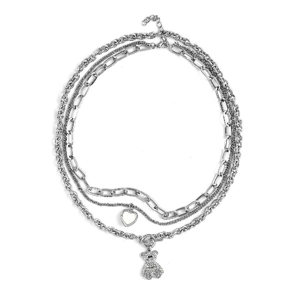 shop lc Black and White Austrian Crystal Three Layer Necklace with Heart and Teddy Bear Charm 20.5-22.5 Inches in Silvertone