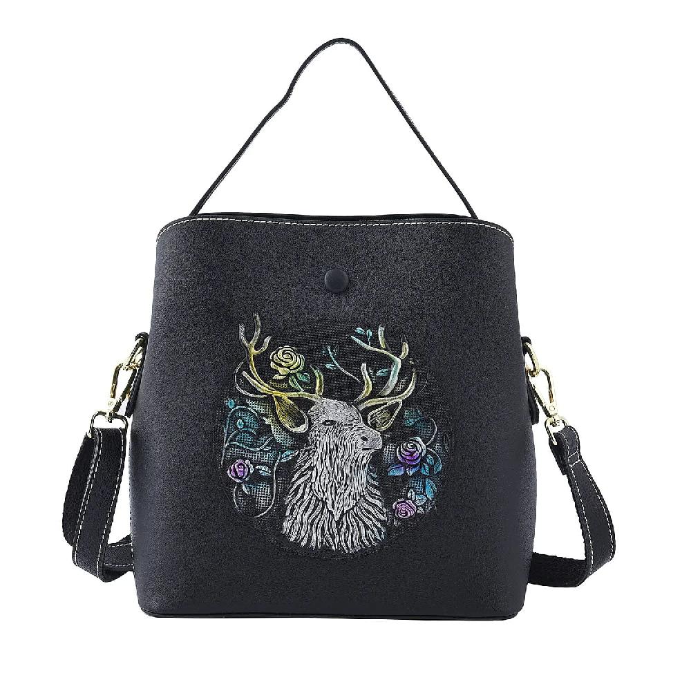 shop lc Black Deer Handprinted with Embossed Pattern Genuine Leather Tote Bag for Women Purses Satchel Purse Shoulder Handbag