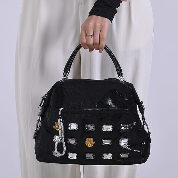 Shop Lc Black Faux Leather Crossbody Bag (11.8x4.92x8.66) With Rhinestone And Shoulder Strap