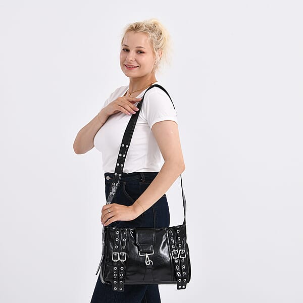 Shop Lc Black Faux Leather Punk Crossbody Bag With Shoulder Strap