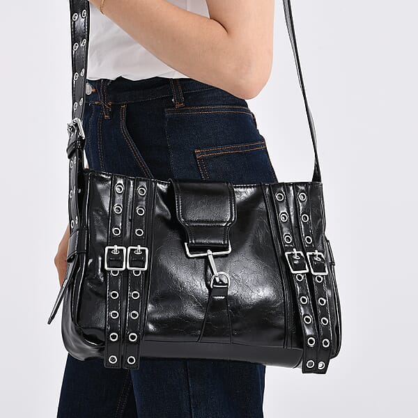 Shop Lc Black Faux Leather Punk Crossbody Bag With Shoulder Strap