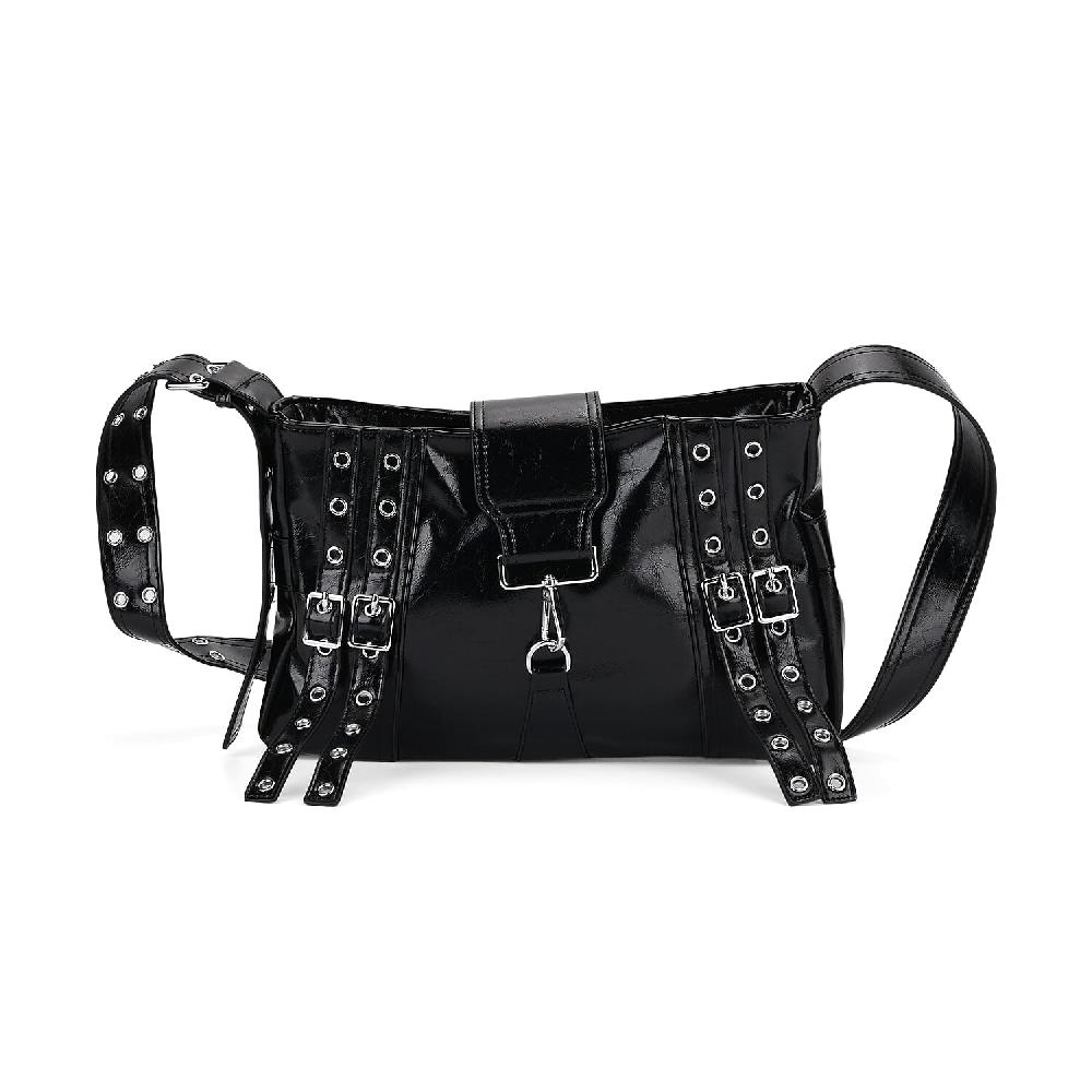 shop lc Black Faux Leather Punk Crossbody Bag with Shoulder Strap