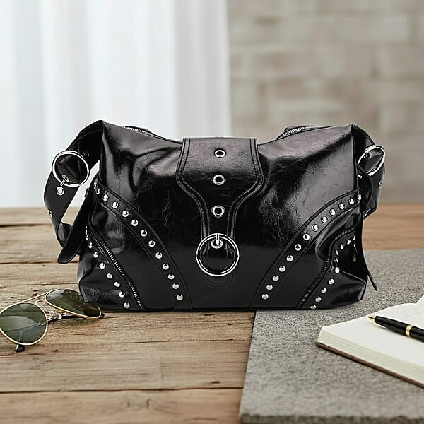 Shop Lc Black Faux Leather Stylish Riveted Hobo Bag With Shoulder Strap