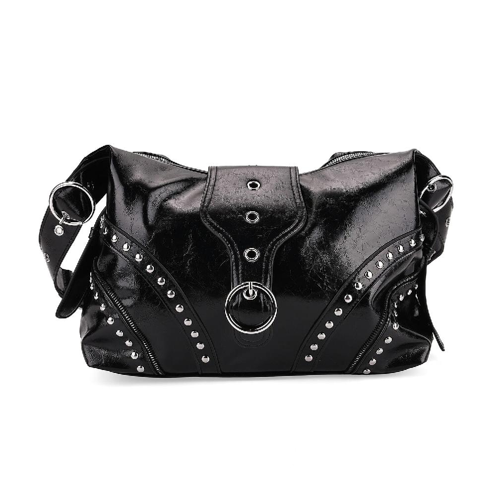 shop lc Black Faux Leather Stylish Riveted Hobo Bag with Shoulder Strap