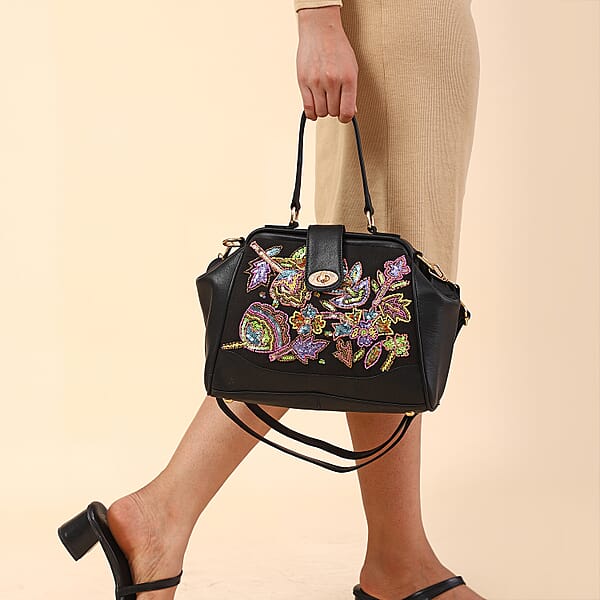 Shop Lc Black Genuine Leather Floral Embroidery Embellishment Handbag With Top Handle And Shoulder Strap