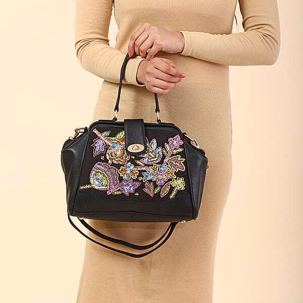 Shop Lc Black Genuine Leather Floral Embroidery Embellishment Handbag With Top Handle And Shoulder Strap