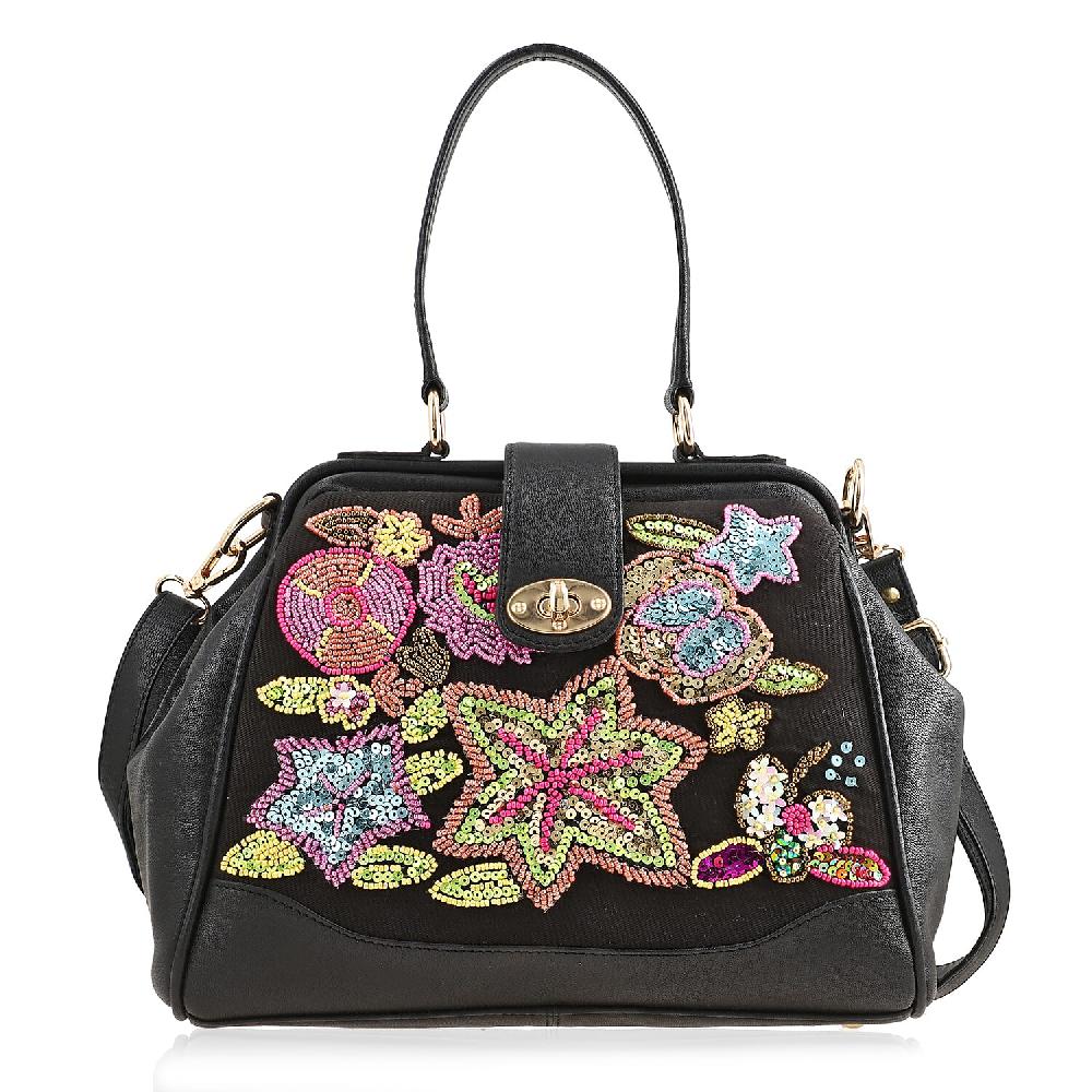 shop lc Black Genuine Leather Floral Embroidery Embellishment Handbag with Top Handle and Shoulder Strap