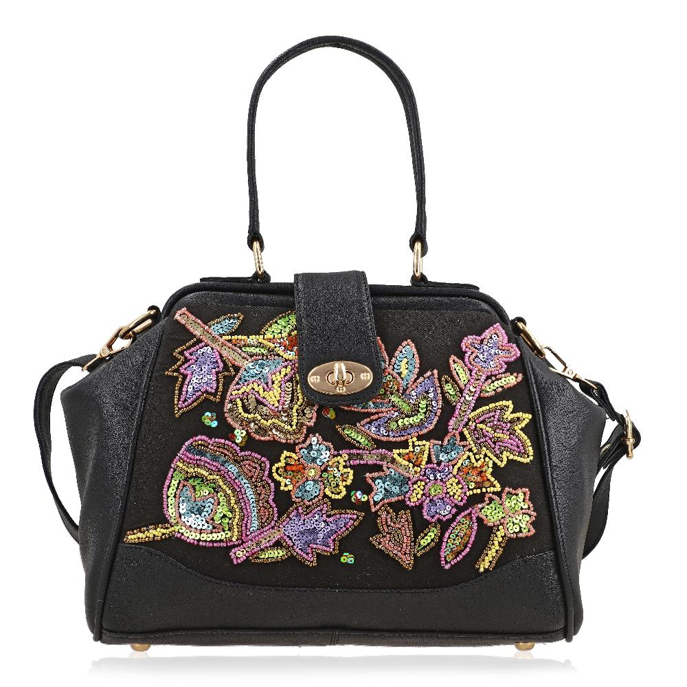 shop lc Black Genuine Leather Floral Embroidery Embellishment Handbag with Top Handle and Shoulder Strap