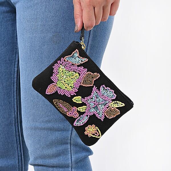 Shop Lc Black Genuine Leather Floral Pattern Embellishment Pouch With Top Zip Closure