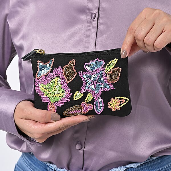 Shop Lc Black Genuine Leather Floral Pattern Embellishment Pouch With Top Zip Closure